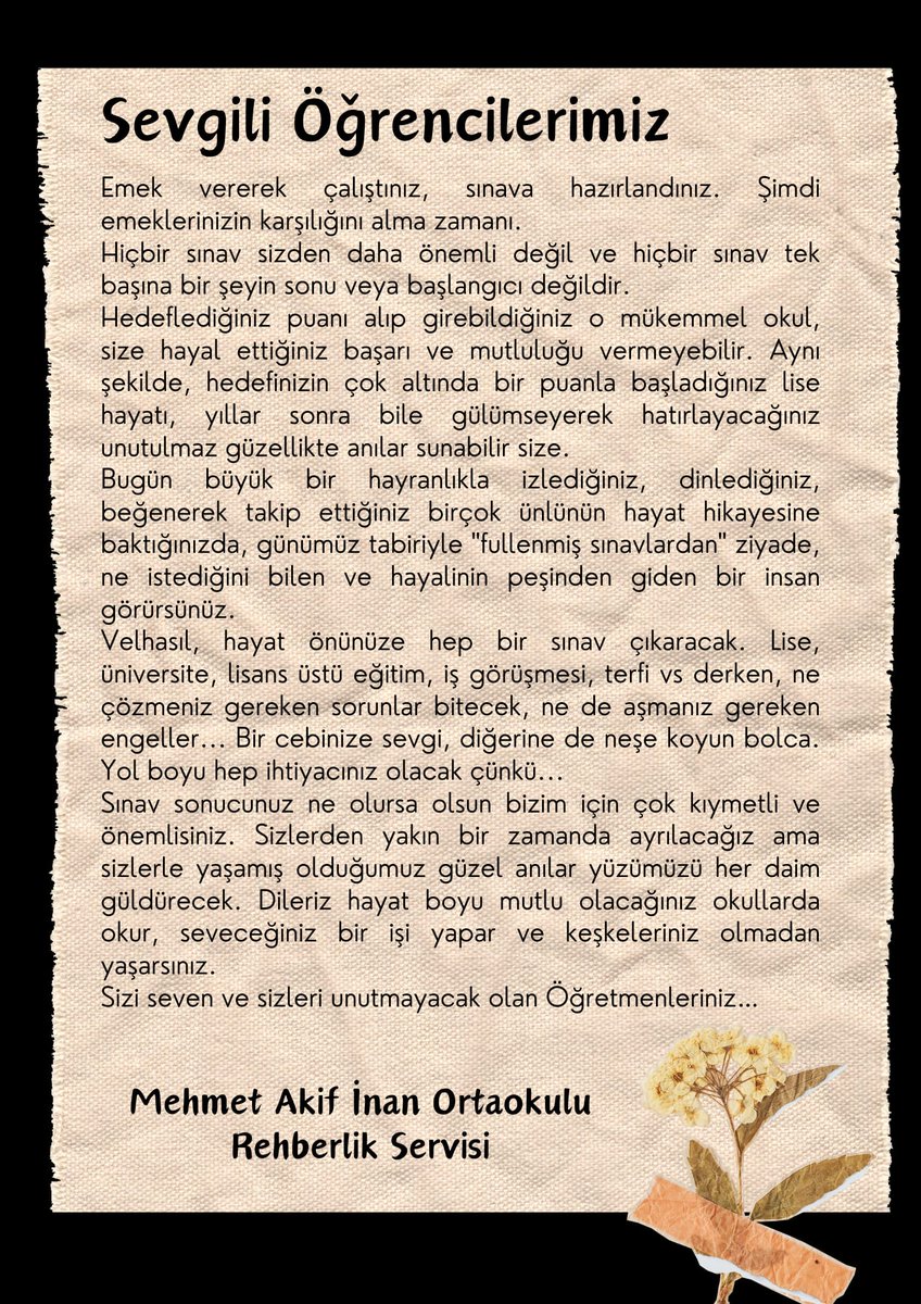 Rehberlik servisimizden LGS sınavına girecek olan öğrencilerimize mesaj var.