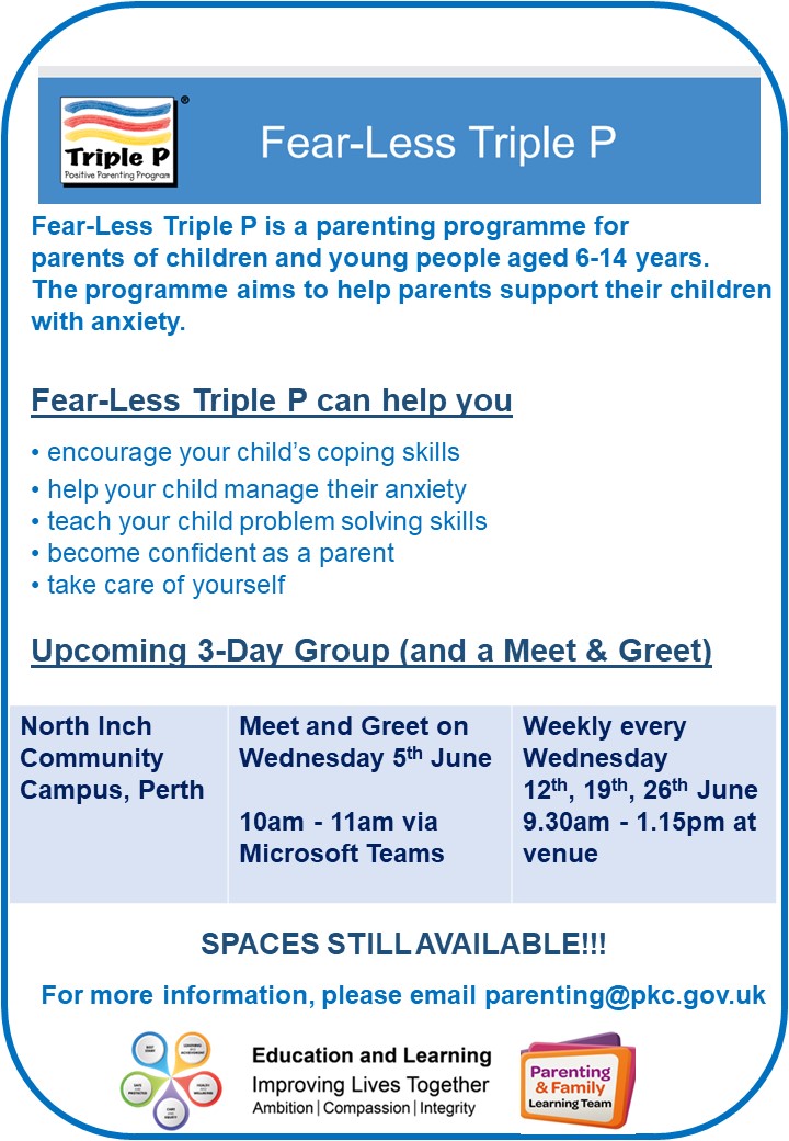Spaces still available for this Fear-Less Group at NICC starting in June.
For more information about our team and the groups we offer, please visit the website pkc.gov.uk/parenting