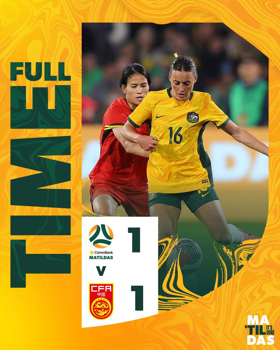 TheMatildas's tweet photo. FULL TIME | A late equaliser from Heyman sees us record a 1-1 draw ๐ค
#Matildas #TilitsDone https://t.co/JcTYqUuRzI