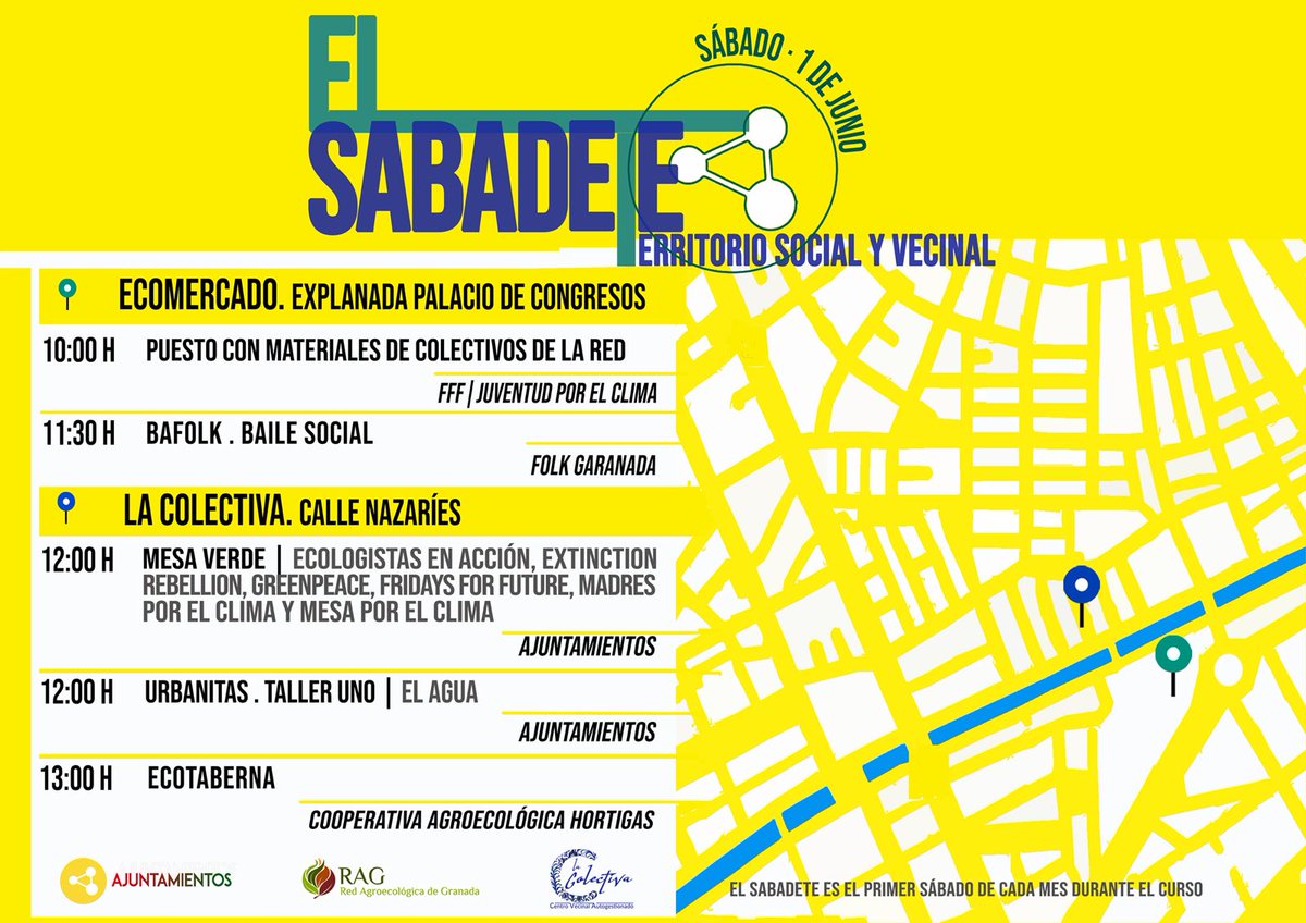 MAÑANA sábado 1 de junio en el <a href="/CVAlacolectiva/">La Colectiva</a>, como cada primer sábado de mes, coincidiendo con el
<a href="/ecomercadogr/">Ecomercados Granada</a>: 

SABADETE!!!  

Esta vez reunimos a diferentes grupos ecologistas en La Mesa Verde, además de pensar qué ciudad queremos con Urbanitas. Y ecotaberna con <a href="/Hortigas_/">Hortigas</a>!