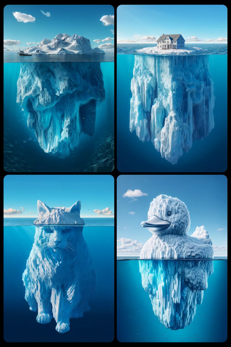 🤖 Icebergs 🎨 Prompt : Highly detailed photorealistic image of a massive iceberg shaped like a [SUBJECT], with the head portion above water looking like an iceberg in white and the rest of the body submerged. The underwater portion shows intricate ice formations and deep blue