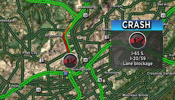 FIRST ALERT: There is a crash on I-65 S. at I-20/59 with lane blockage. @WBRCnews #wbrctraffic