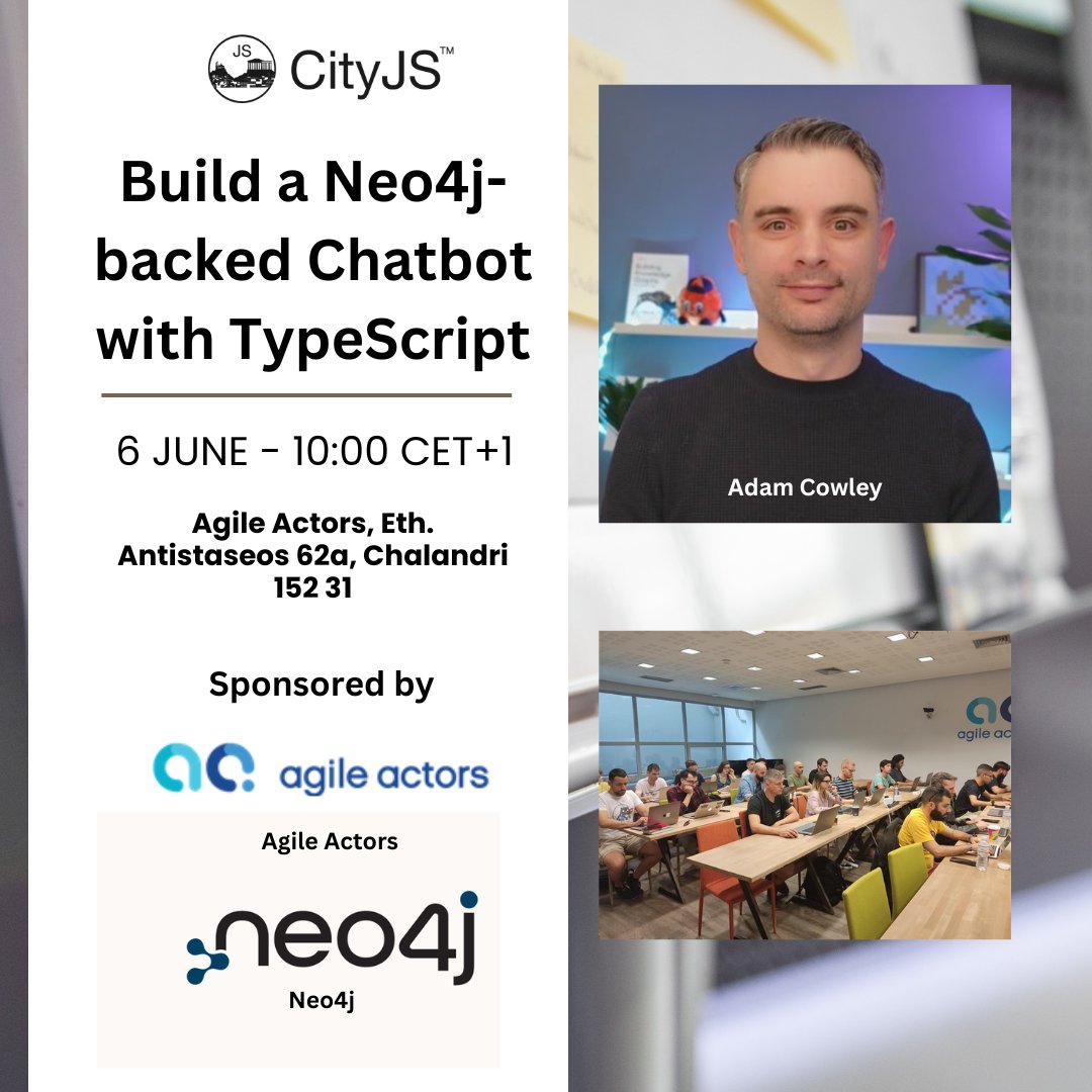CityJS Conferences (@cityjsconf) on Twitter photo Free in person - 4hrs #workshop #CityJSAthens in partnership with <a href="/AgileActors/">Agile Actors</a> and <a href="/neo4j/">Neo4j</a>
Build a neo4j backed Chatbot with #TypeScript - workshop run by <a href="/adamcowley/">Adam Cowley</a>
📅6 June - 10:00 CET+1
Get your FREE tickets
athens.cityjsconf.org
#athens #greece Free in person - 4hrs #workshop #CityJSAthens in partnership with <a href="/AgileActors/">Agile Actors</a> and <a href="/neo4j/">Neo4j</a>
Build a neo4j backed Chatbot with #TypeScript - workshop run by <a href="/adamcowley/">Adam Cowley</a>
📅6 June - 10:00 CET+1
Get your FREE tickets
athens.cityjsconf.org
#athens #greece