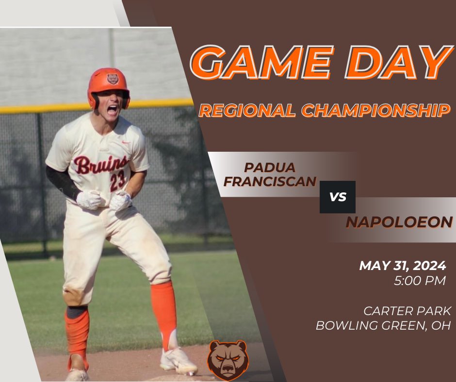 PaduaBruinBB's tweet image. Back at it again! It is Game Day as the Bruins head back to Bowling Green to take on Napoleon High School for the Regional Championship. First pitch is 5:00.