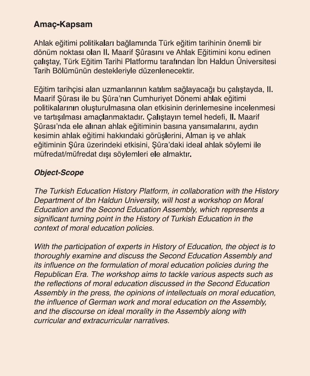 IHUHistory's tweet photo. @ibnhalduni 5-6 Haziran Çarşamba &amp; Perşembe günleri Süleymaniye Salis Medrese yerleşkemizde bölüm üyemiz Dr. Vehbi Baysan'ın düzenlediği

TÜRK EĞİTİM TARİHİ ÇALIŞTAYLARI I: 
“II. Maarif Şurası ve Ahlak Eğitimi”

başlıklı #çalıştay gerçekleşecek. Konuyla ilgilenen herkesi bekleriz. 

Program: https://t.co/SuJnISh1vv