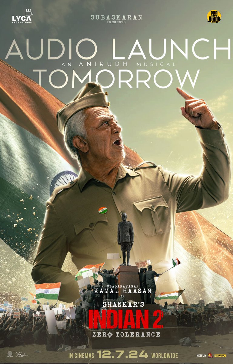 Excitement is just around the corner! 🤩 INDIAN-2 🇮🇳 Audio Releases tomorrow with a Grand Audio Launch Event. 🥁🏟️ #Indian2 🇮🇳 Ulaganayagan @ikamalhaasan @shankarshanmugh @anirudhofficial @LycaProductions #Subaskaran @RedGiantMovies_ @PenMovies #PenMarudhar