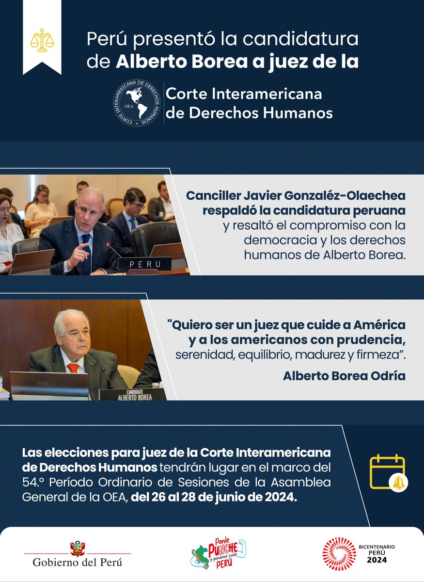 👨🏻‍⚖️🇵🇪 Luego de 14 años, el Perú presentó ante el Consejo Permanente de la OEA una candidatura para juez de la Corte IDH. Conoce más aquí de la trayectoria y presentación del jurista Alberto Borea. 

🗞️gob.pe/n/963249