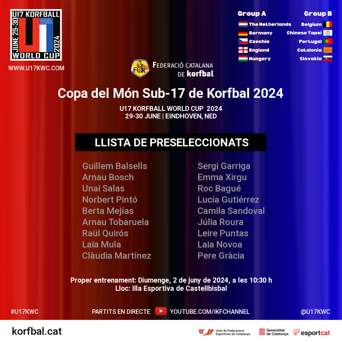 Copa del Món Sub-17 de #Korfbal 2024 - Llista de preseleccionats
📰 korfbal.cat/sub-17 | korfball.sport/?p=36706

Més info: u17kwc.com | @u17kwc

#korfball #EsportMixt #korfcat #corfbol #korfbalcatalunya #SomEsport #Som750mil #esportcat @esportcat @ufeccat