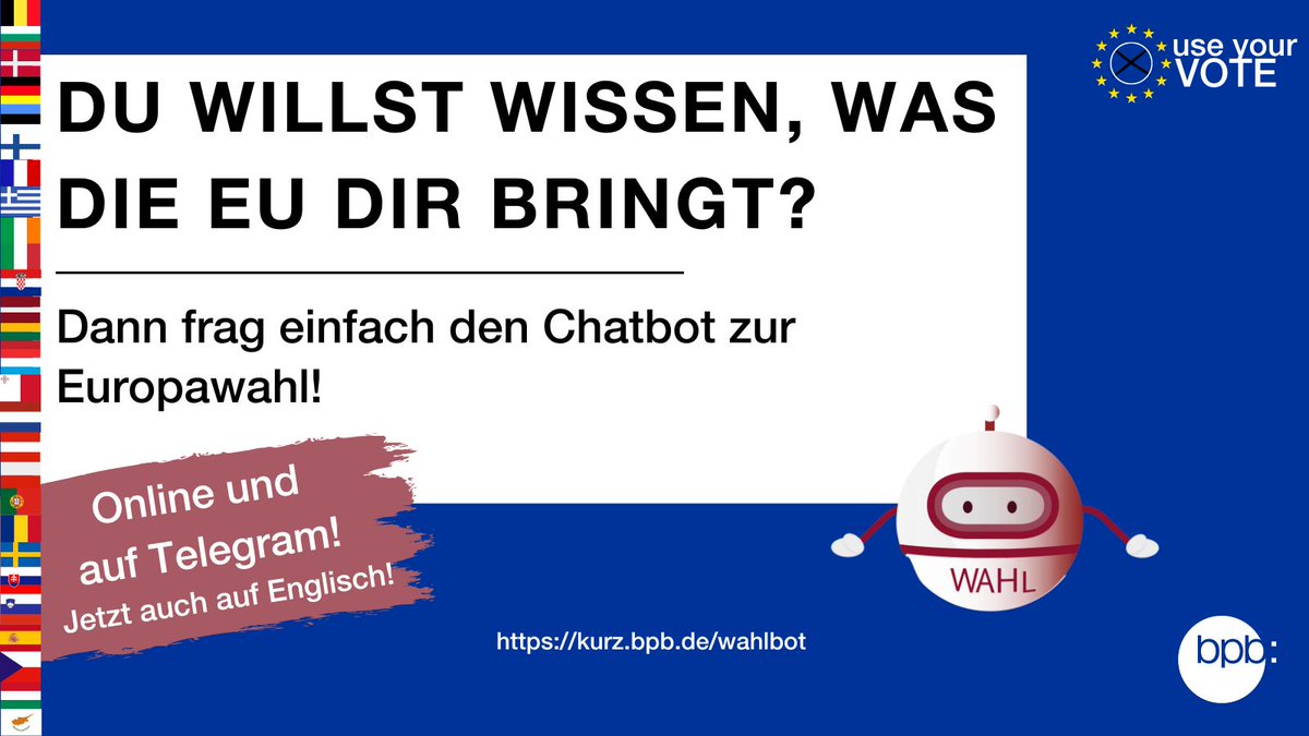 Am 9. Juni ist #Europawahl. Und Deine Stimme ist wichtig! Daher setze am Wahltag Dein Kreuz oder stimm‘ schon vorher per Briefwahl ab. Wie genau das funktioniert, verrät Dir der #Chatbot zur Europawahl: kurz.bpb.de/wahlbot. #NutzeDeineStimme