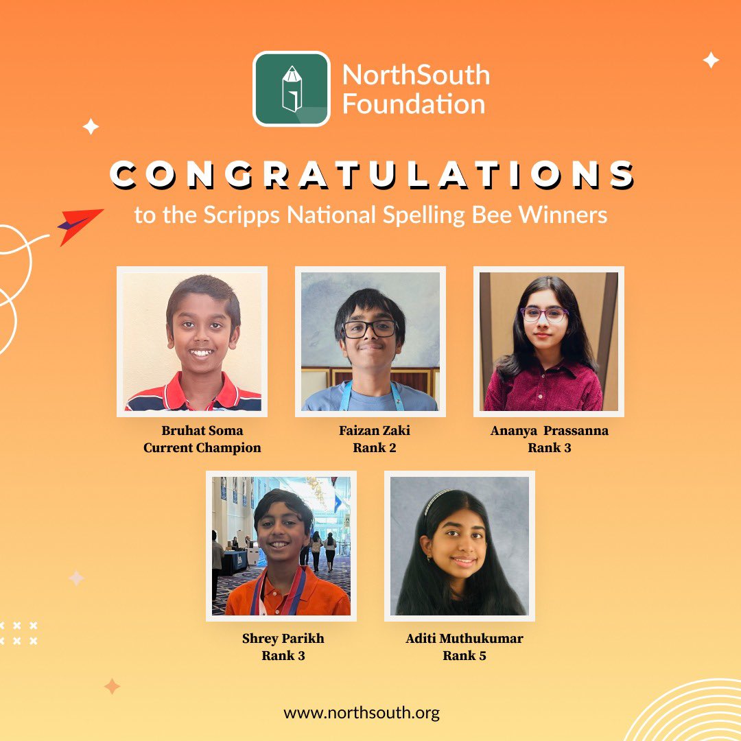 NSFBee's tweet image. Congratulations to our National Spelling Bee Winners!

#NorthSouthFoundation #spellingbeebook  #scripps #winners