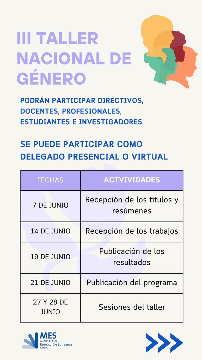 Buenos días😆
Iniciamos esta jornada de viernes compartiendo con nuestra comunidad la convocatoria a participar en el III Taller Nacional de Género ⚧️ del Ministerio de Educación Superior el cual se realizará el 27 y 28 de junio de 2024
Más información 👇