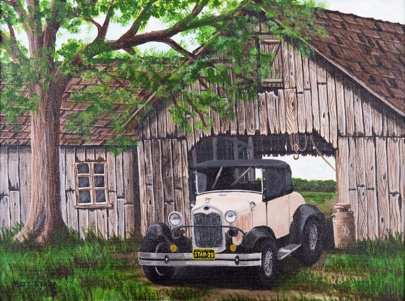 This is my acrylic painting of a 1929 Model A at the Barn.  redbubble.com/shop/ap/325621… #mattstarrfineart #artistic #paintings #artforsale #artist #myart #dailyart #gift #giftideas #tshirts #homedecor #modelA #car #cars #auto #autos #vehicle #vehicles #barn #barns #antique