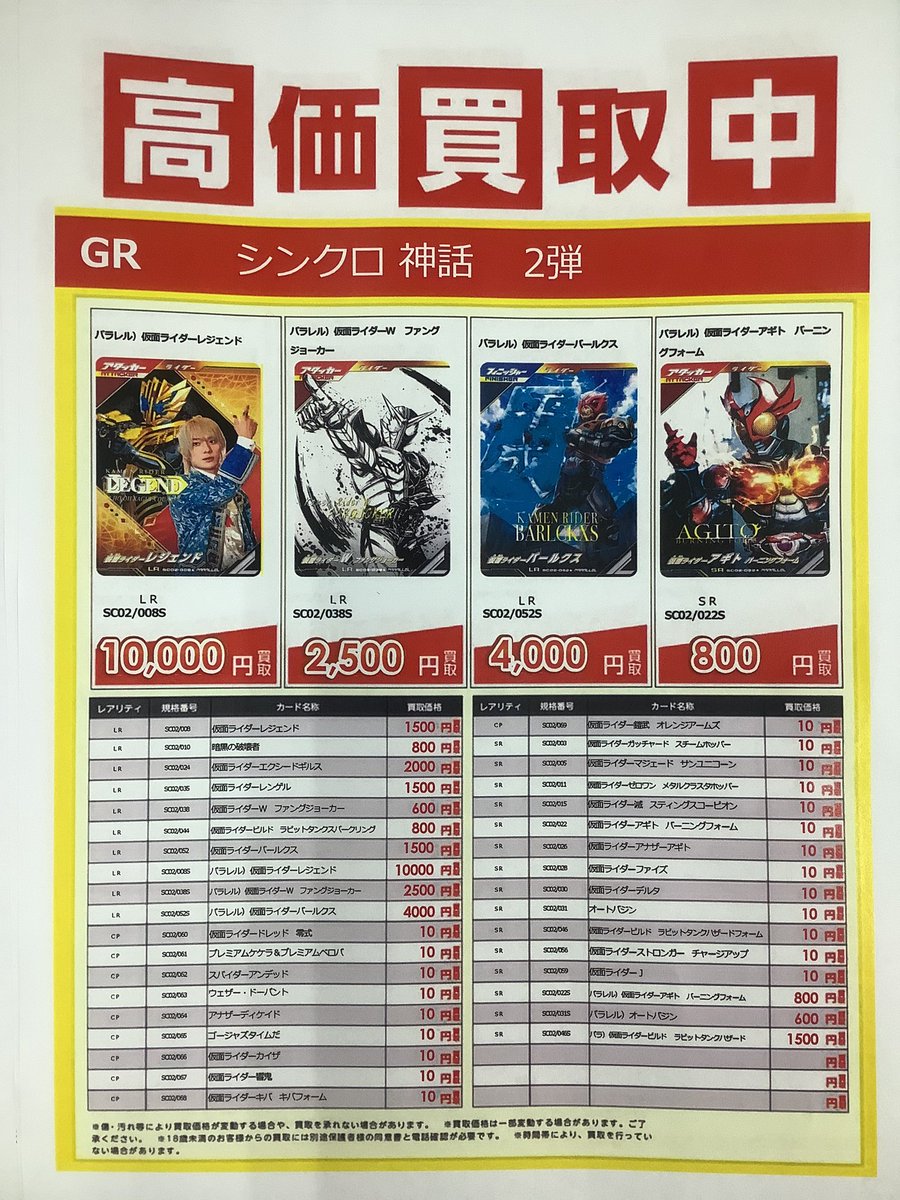 仮面ライダー #ガンバレジェンズ 『シンクロ神話 2弾』の買取表を更新