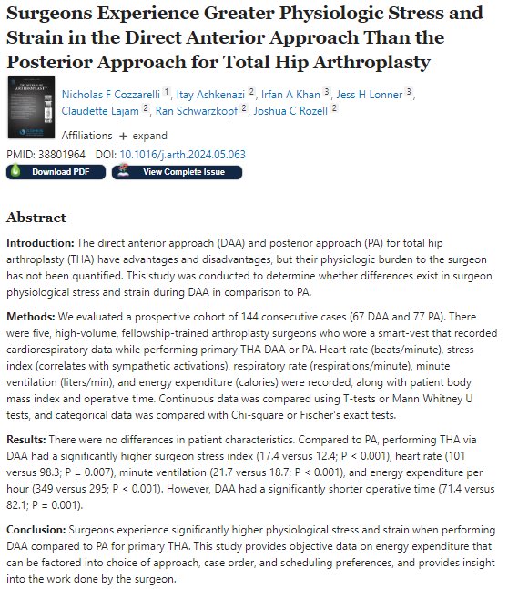 I’m excited to share this <a href="/Hexoskin/">Hexoskin - Health Sensors & AI</a> study with <a href="/nyulangoneortho/">NYU Langone Orthopedics</a> and <a href="/RothmanOrtho/">Rothman Orthopaedics</a> on Surgeon Stress, Strain, and Energy Use in THA Approaches! Thank you <a href="/JArthroplasty/">The Journal of Arthroplasty</a> and <a href="/AAHKS/">AAHKS</a> for these #AAHKSProceedings and thank you #JessLonner <a href="/orthochick/">Dr. Claudette Lajam</a> <a href="/MdSchwarzkopf/">Ran Schwarzkopf MD</a> <a href="/JoshRozell/">Josh Rozell</a> 🔋🦺🔨🪫