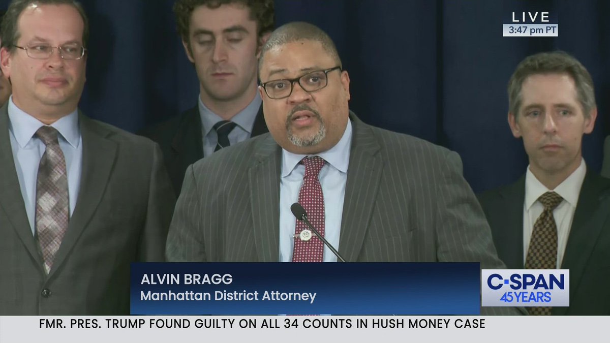 Alvin Bragg, the @ManhattanDA, held a news conference following a jury declaring @realDonaldTrump guilty on all 34 felony counts for falsification of business records in order to corrupt the 2016 presidential election: c-span.org/classroom/docu….

#Trump #Guilty #SSChat #GovChat