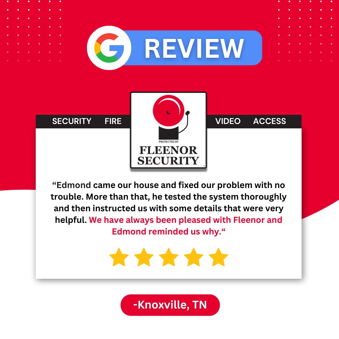 FleenorSecurity's tweet image. Another 5-star Google Review!🌟 Thank you to our amazing customers who choose Fleenor Security to keep your home or business safe.

If you&apos;ve had a great experience with us, we would love to hear from you. #FleenorSecurity #CustomerSatisfaction #PeaceOfMind