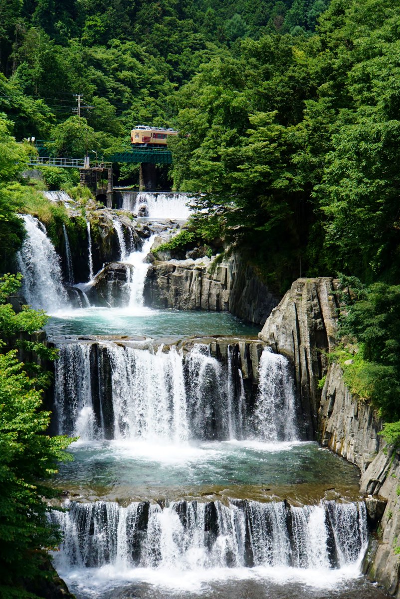 初夏の深緑に包まれた田原の滝。桂川の清流を眼下に国鉄特急色が往く。(2016年撮影)
＃189系　＃国鉄特急色　＃富士急行線