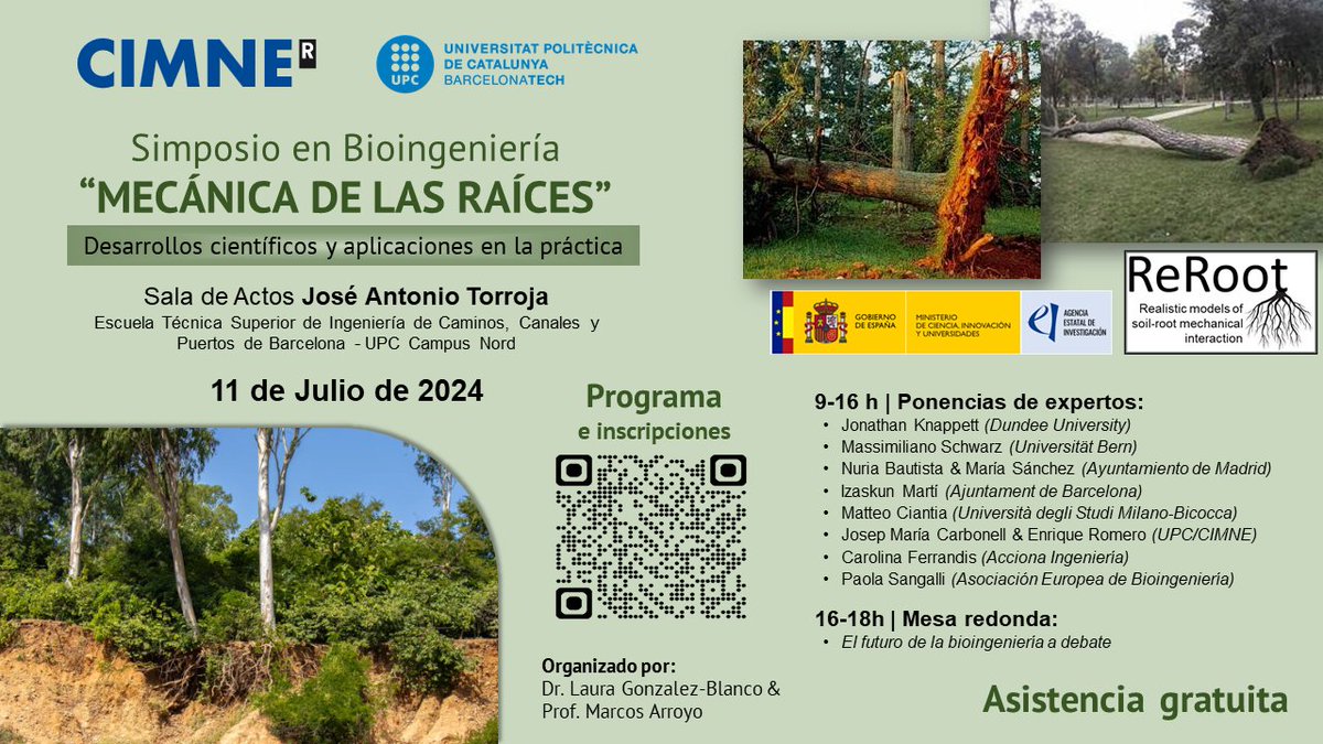 🌱 Simposio en Bioingeniería: "Mecánica de las Raíces"🌳
📅11 de julio de 2024 📍 Sala de Actos José Antonio Torroja, UPC Campus Nord 🕘 9:00 - 18:00
🎓Expertos internacionales y mesa redonda sobre el futuro de la bioingeniería. Asistencia gratuita
info: cimne.com/vnews/12142/