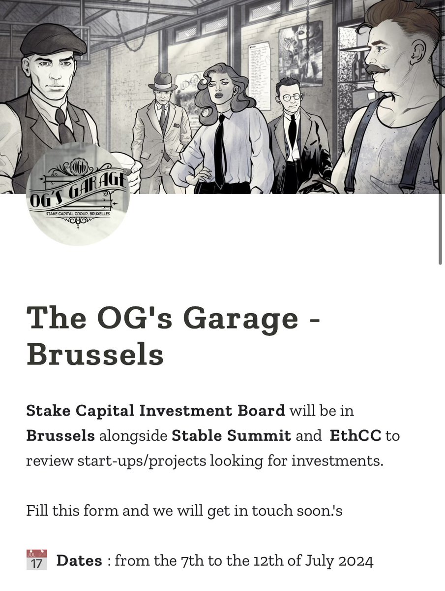 Looking to raise capital and join the unicorns club with a kick-ass idea and team? 🦄

The OG's Garage 24’ is back, builders - ETHCC Brussels.

Good luck, degens 🙏

tally.so/r/31K9xO by @StakeCapital