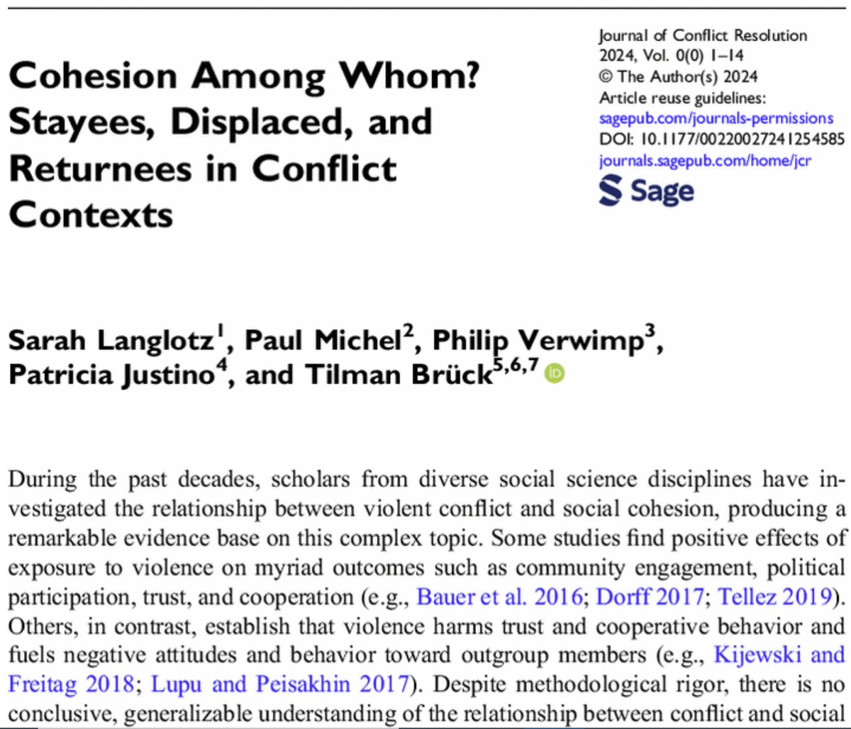 Just published in Journal of Conflict Resolution with <a href="/LanglotzSarah/">Sarah Langlotz</a> Paul Michel @tilmanbrueck <a href="/ph_verwimp/">philip verwimp</a> - part of special feature on Social Cohesion and Forced Displacement

journals.sagepub.com/doi/10.1177/00…

Full special feature: journals.sagepub.com/home/jcr