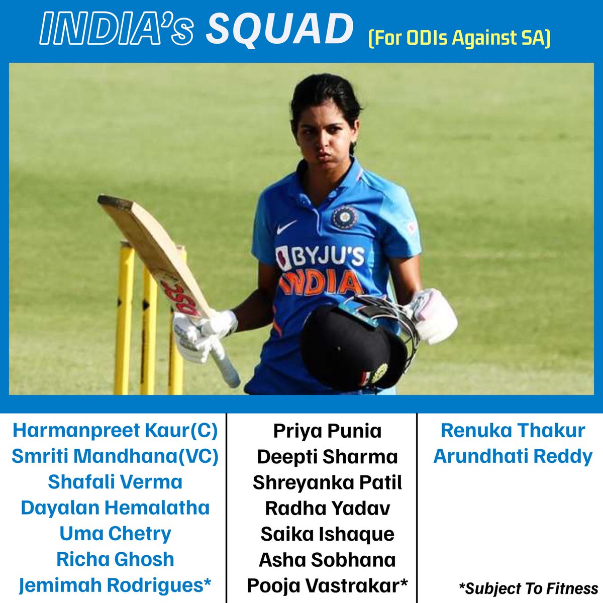 ➡️ Priya Punia and Arundhati Reddy returns to India’s Squad for the ODI series against SA!

➡️ Yastika Bhatia and Titas Sadhu miss out due to injuries!
🧢 Maiden Call-up for Asha Sobhana!

@BCCIWomen #INDvSA #CricketTwitter #IndianCricketTeam