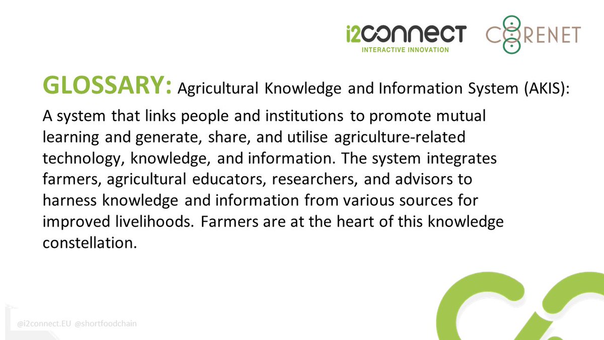 🌱 The next key concept, part of the joint #COREnetproject #i2connect #Glossary campaign is #AKIS Stay tuned for our joint social media campaign with @shortfoodchain to explore the meanings behind these and more terms!