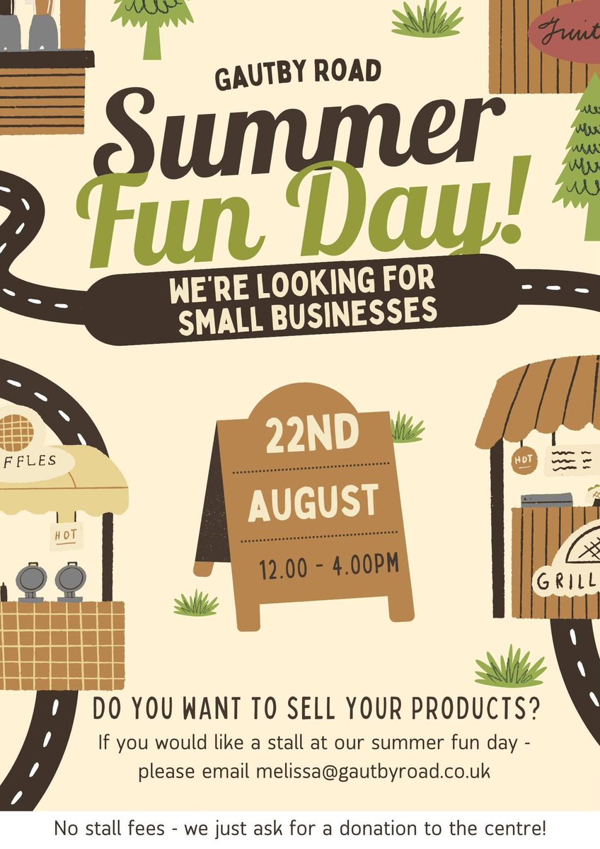 Gautby Road (@gautbyroad) on Twitter photo Are you a small business with products you wish to sell at our annual summer fun day!?
Then get in touch! Pop an email to melissa@gautbyroad.co.uk with your details & we will book you in.
🌞Thursday 22nd August - 12pm till 4pm.
Limited slots available - no fees, all we ask for Are you a small business with products you wish to sell at our annual summer fun day!?
Then get in touch! Pop an email to melissa@gautbyroad.co.uk with your details & we will book you in.
🌞Thursday 22nd August - 12pm till 4pm.
Limited slots available - no fees, all we ask for