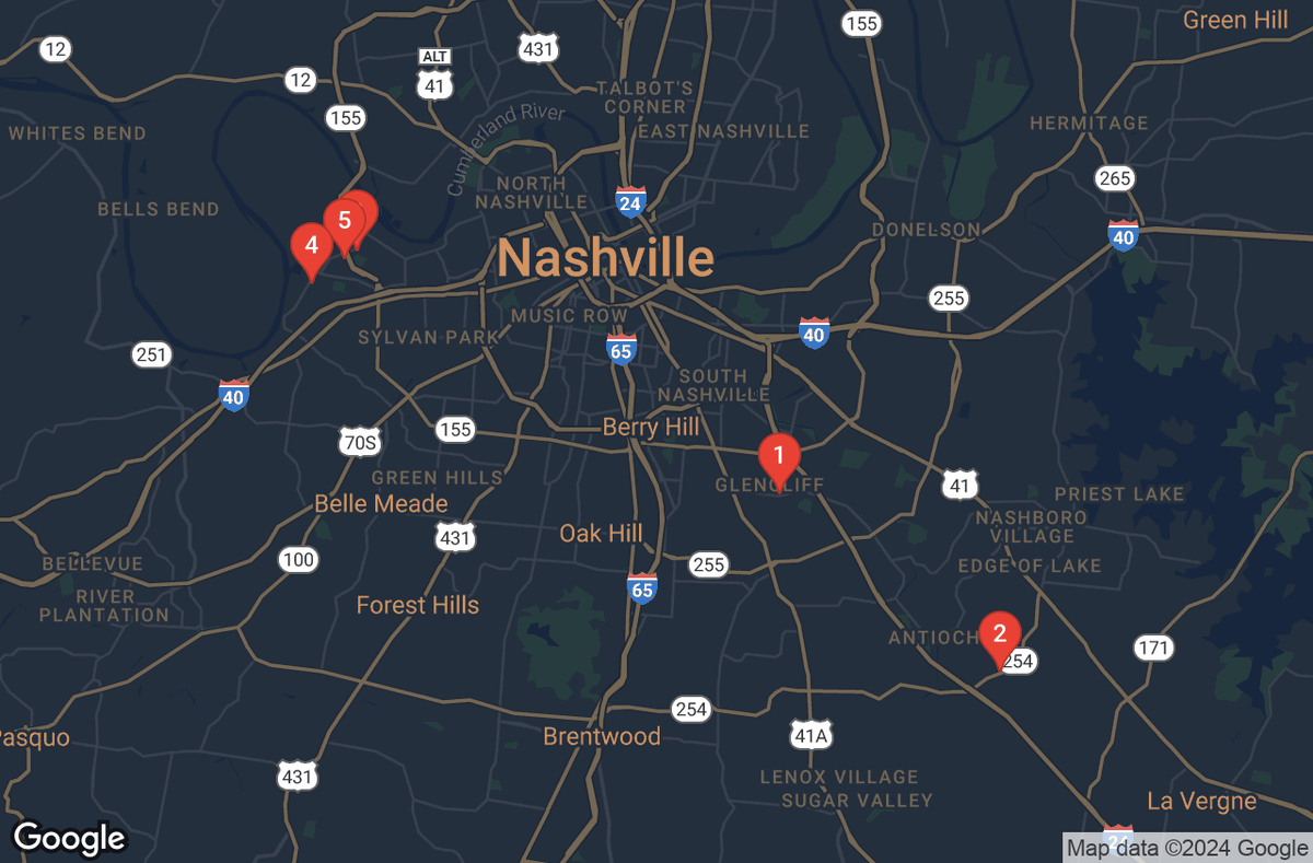 SHOTS FIRED:
  1) 3320 Dumas Dr, Glencliff at 5:02am
  2) Mt View Rd / Bell Rd, Antioch at 2:07am
  3) 6203 Morrow Rd, The Nations at 1:03am
  4) 6312 Edsel Dr, Charlotte Park at 12:52am
  5) Arcade West Nashville, 677 Vernon Ave, Charlotte Park at 12:45am