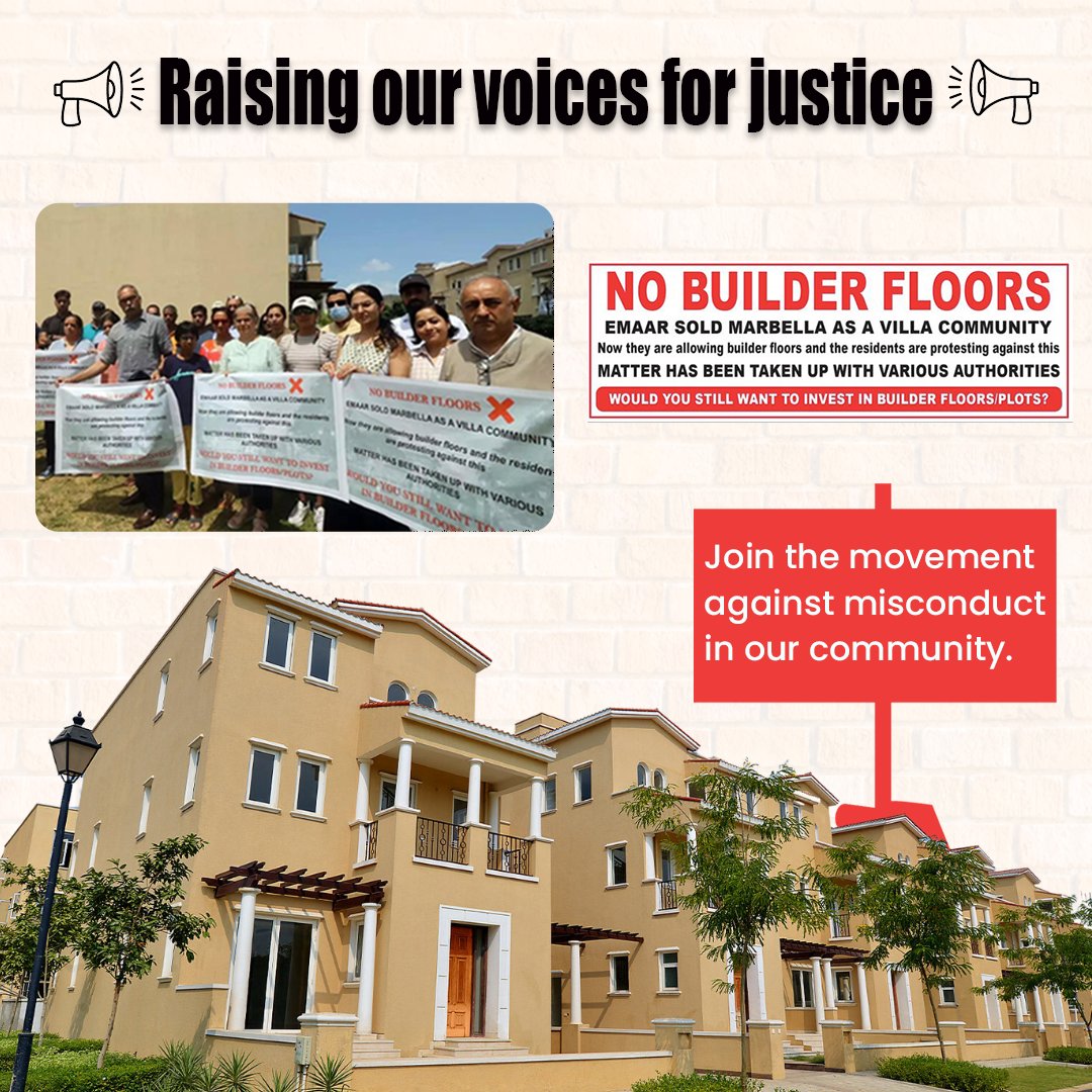 BmbVilla's tweet photo. Residents unite against developer misconduct! Standing up for our rights at Emaar Marbella, Sector 66. Join us in the fight for transparency and accountability. #EmaarMarbella #CommunityUnity #EmaarMarbellaProtest #nobuilderfloors #gurgoannews  @emaardubai @mohamed_alabbar https://t.co/pR4Bgtbuot