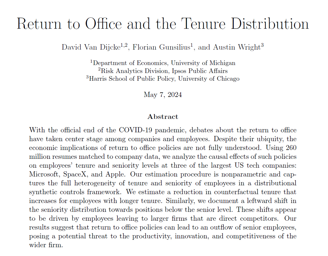 Return to office mandates don't just motivate junior people to jump ship. They lose talent at the top too.

When tech companies started requiring attendance, senior leaders were more likely to leave for competitors.

Flexibility is an investment in retention at all levels.