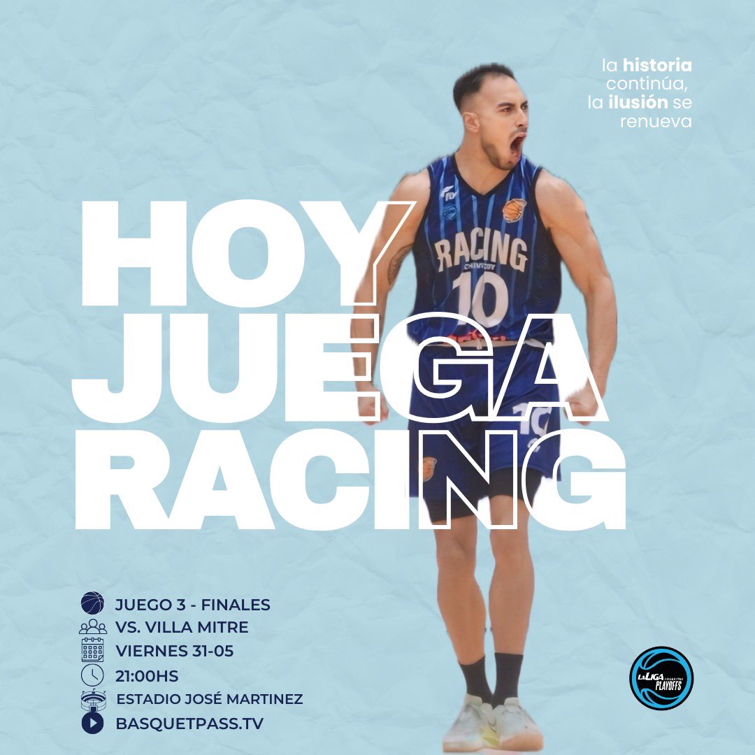 racingchbasquet's tweet photo. Juego 3 de las Finales de Conferencia.
Hoy a las 21 hs, enfrentaremos de visitante a @VM_Basket, por el juego 3 de las finales de la Conferencia Sur, de la @LigaARGbasquet.
A dejar todo AKD.
Seguinos por https://t.co/cjhKD7aXMJ.
La Historia continúa, la ilusión se renueva. https://t.co/6sMGDS8XDp