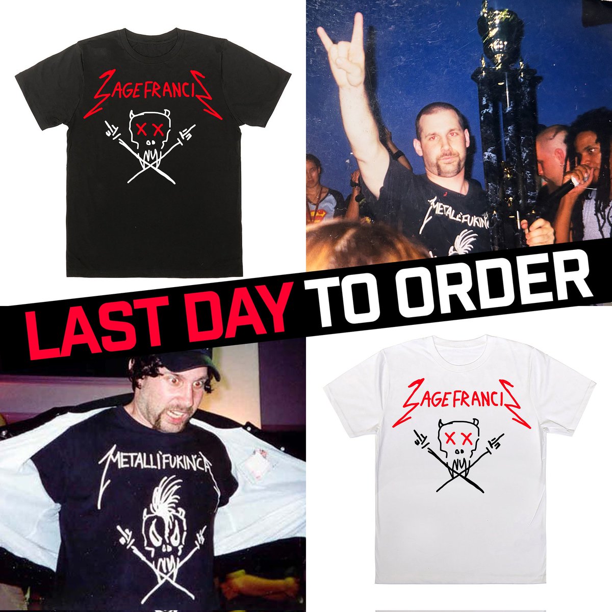 #LAST DAY 🚨 to pre-order the NEW @SageFrancis x @BlackScore_ 👕! US/CA: TinyURL.com/SageMerch UK/EU: blackscore.co.uk/collections/t-… A spin on a design originally for everybody's fave anti-Napster metal gods & an homage to the 👕 worn by Sage when he was 👑 #ScribbleJam 🏆 in 2000!