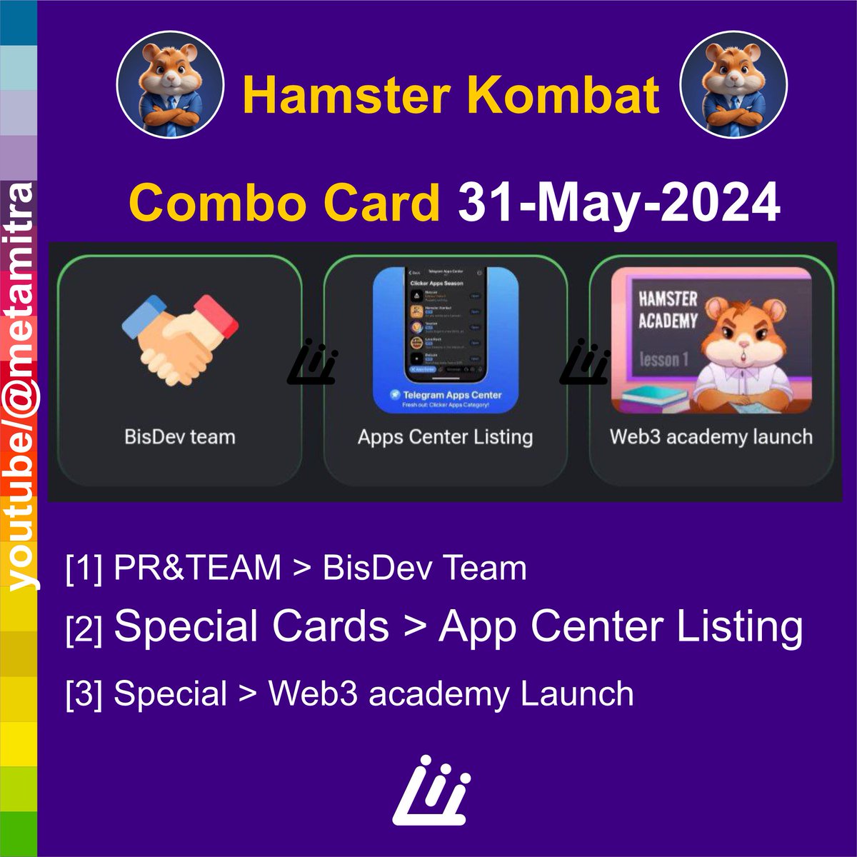 Hamster Kombat Combo Card 31-May-2024.  

हैम्स्टर कॉम्बेट क्या है ? Telegram गेम पॉइंट से क्रिप्टो फ्री में youtu.be/vTUPpwEZj8A

#hamstercombo #hamsterkombat #hamsterkombatcard #combocard