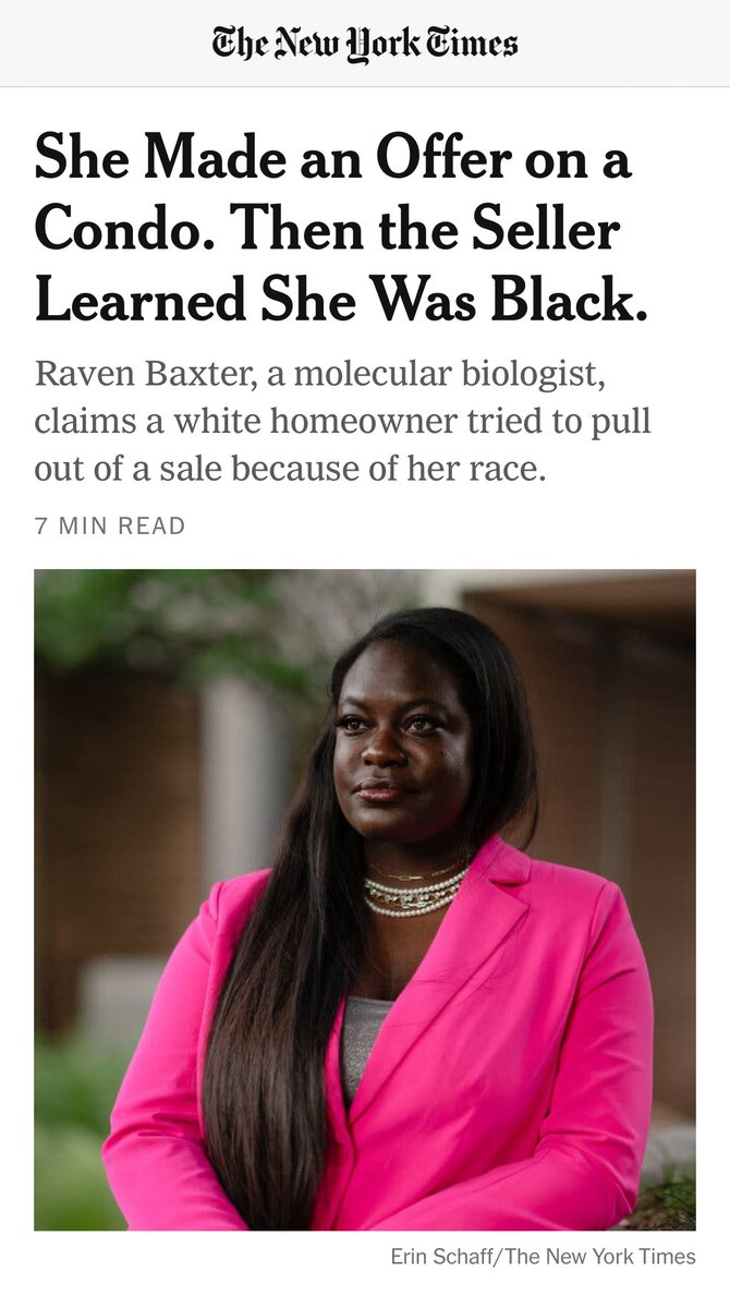 Y’all can read about this absolutely distressing situation of me trying to buy a home + learning that the seller didn’t want to sell to me because I’m Black, in @nytimes. Thank you @debra_kamin for your hard work investigating this + educating people about the Fair Housing Act 1/