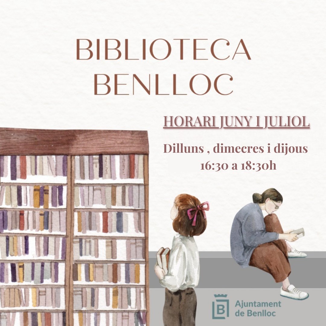 Durant els mesos de juny i juliol podrem gaudir de més dies i nou horari a la biblioteca municipal gràcies a les nostres veïnes voluntàries.

Vine a passar una estona fresca llegint!!!