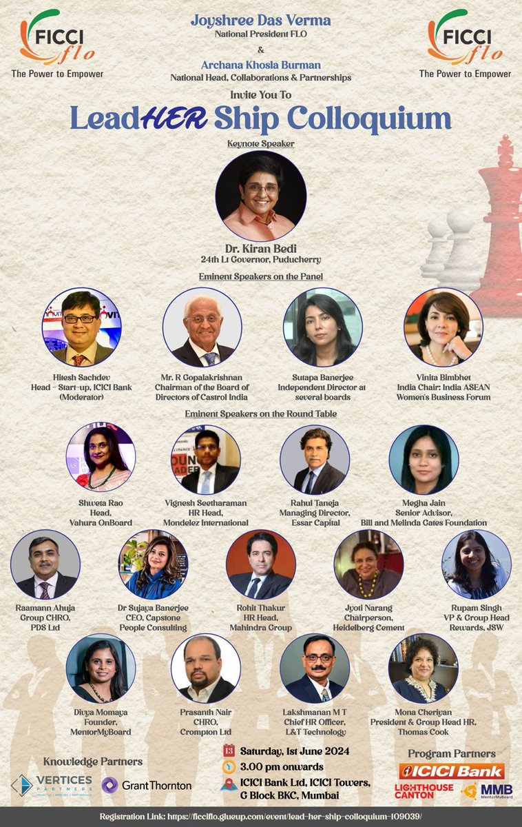 FICCIFLO's tweet image. Join us at 3:00 PM tomorrow for “LeadHer Ship Colloquium”, at ICICI Bank Towers, BKC, Mumbai. Featuring keynote by @thekiranbedii, #panelsessions and #roundtables with #industry #leaders, #CXOs. 
Register: shorturl.at/nZlRp
#FICCI #FICCIFLO #JoyshreeDasVerma #leadership