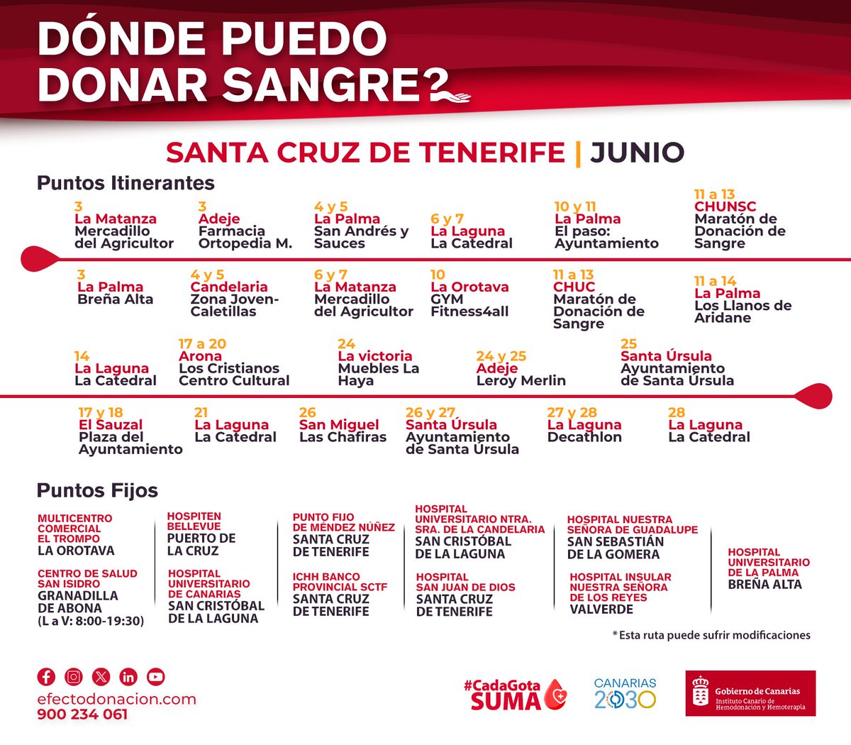 🩸#Ashoteldonasangre ¿Pensando en donar sangre el mes que viene? Aquí tienes los puntos itinerantes de junio para donar sangre en #Tenerife y #LaPalma, así como los fijos en #SantaCruzdeTenerife, ruta organizada por el @ichhcanarias
#EfectoDonación #Cadagotasuma #RSCAshotel