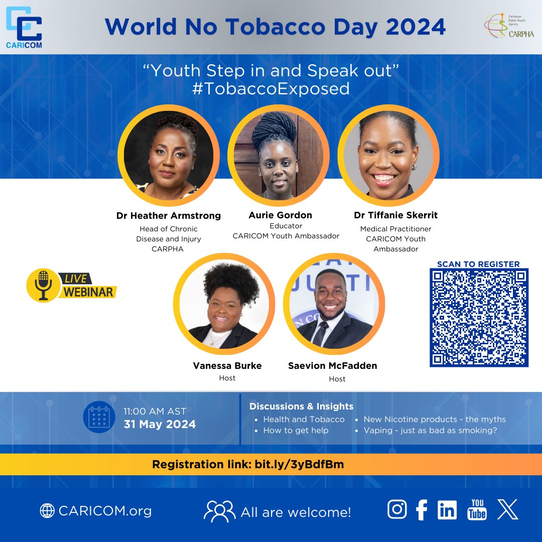 #HAPPENINGTODAY
🚭World No Tobacco Day Webinar - Youth step in and speak out
🗣️Dr Heather Armstrong, Aurie Gordon and Dr Tiffanie Skerrit 
📅 31 May 2024
⏰11:00 AM
💻Register Now➡️ bit.ly/3yBdfBm
🌟You don't want to miss this
#WORLDNOTOBACCODAY #TOBACCOEXPOSED