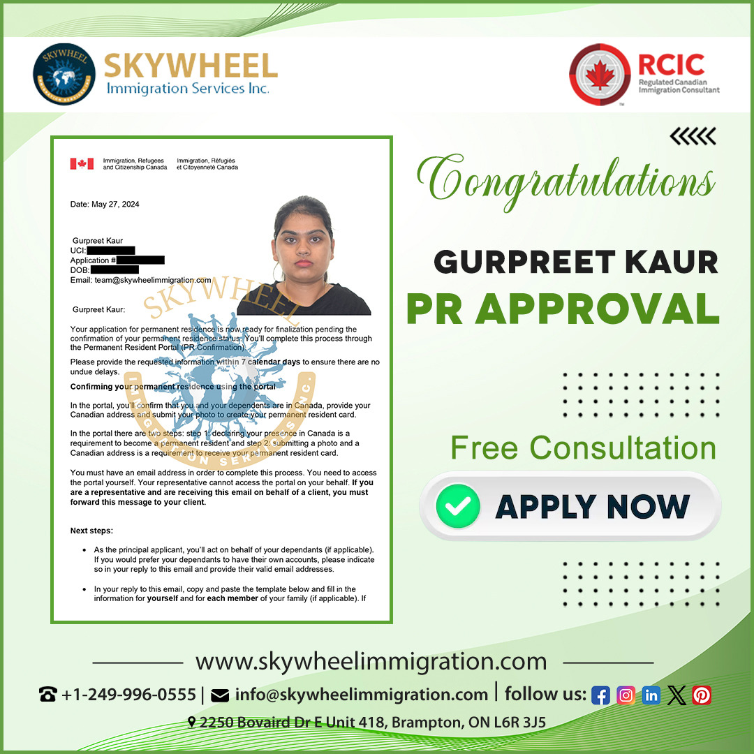 Congratulations to our satisfied client for (PR Approval)
.
Apply Now
+1249-996-0555
+1-647-506-0555
skywheelimmigration.com
info@skywheelimmigration.com
.
.
#skywheelimmigration #prapproval #permanentresidency #prcanada #prprocess #visaapproval #prapplication #canadá #prvisa