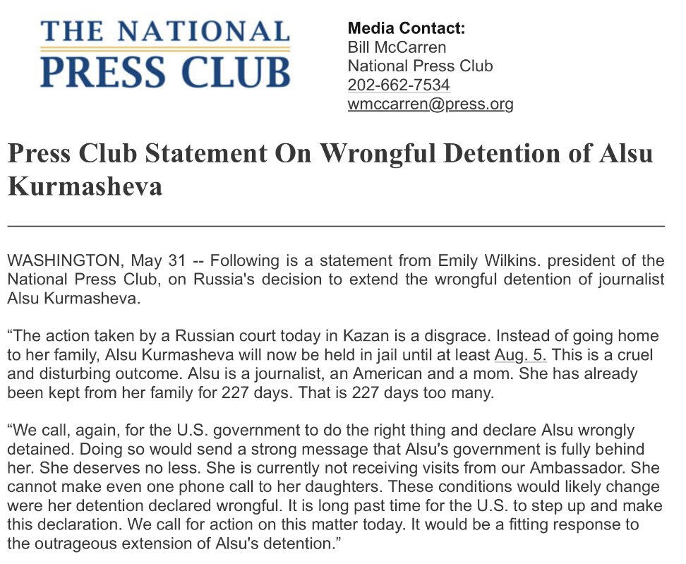 “The action taken by a Russian court today in Kazan is a disgrace” @PressClubDC President @NPCPresident @emrwilkins on Russia's decision to extend the wrongful detention of journalist Alsu Kurmasheva. #JournalismIsNOTacrime