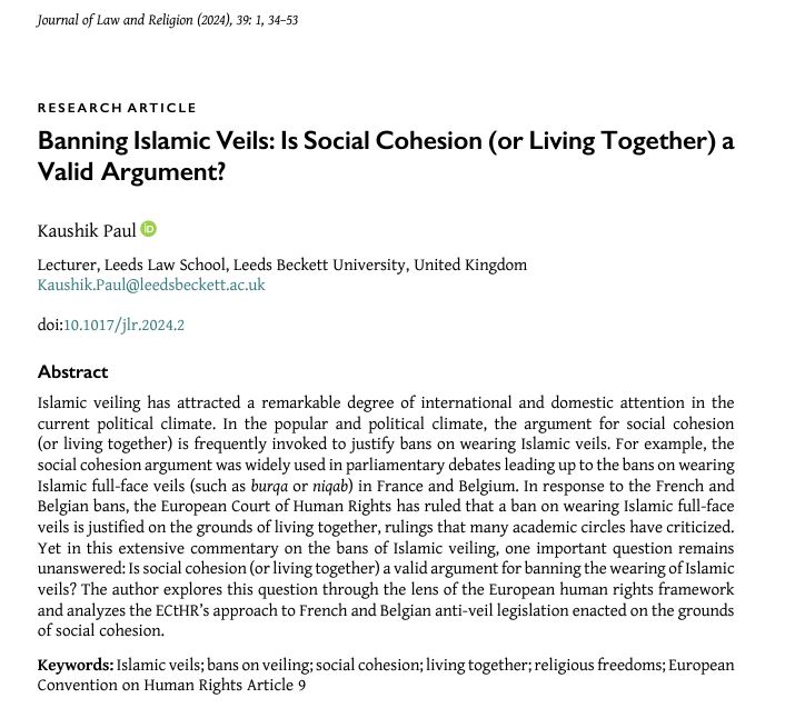Is social cohesion a valid argument for banning Islamic veils? New paper in LBU Repository explores European Court of Human Rights' rulings on anti-veil laws, offering critiques and insights on social cohesion justification: eprints.leedsbeckett.ac.uk/id/eprint/1090…
#IslamicVeiling #HumanRights