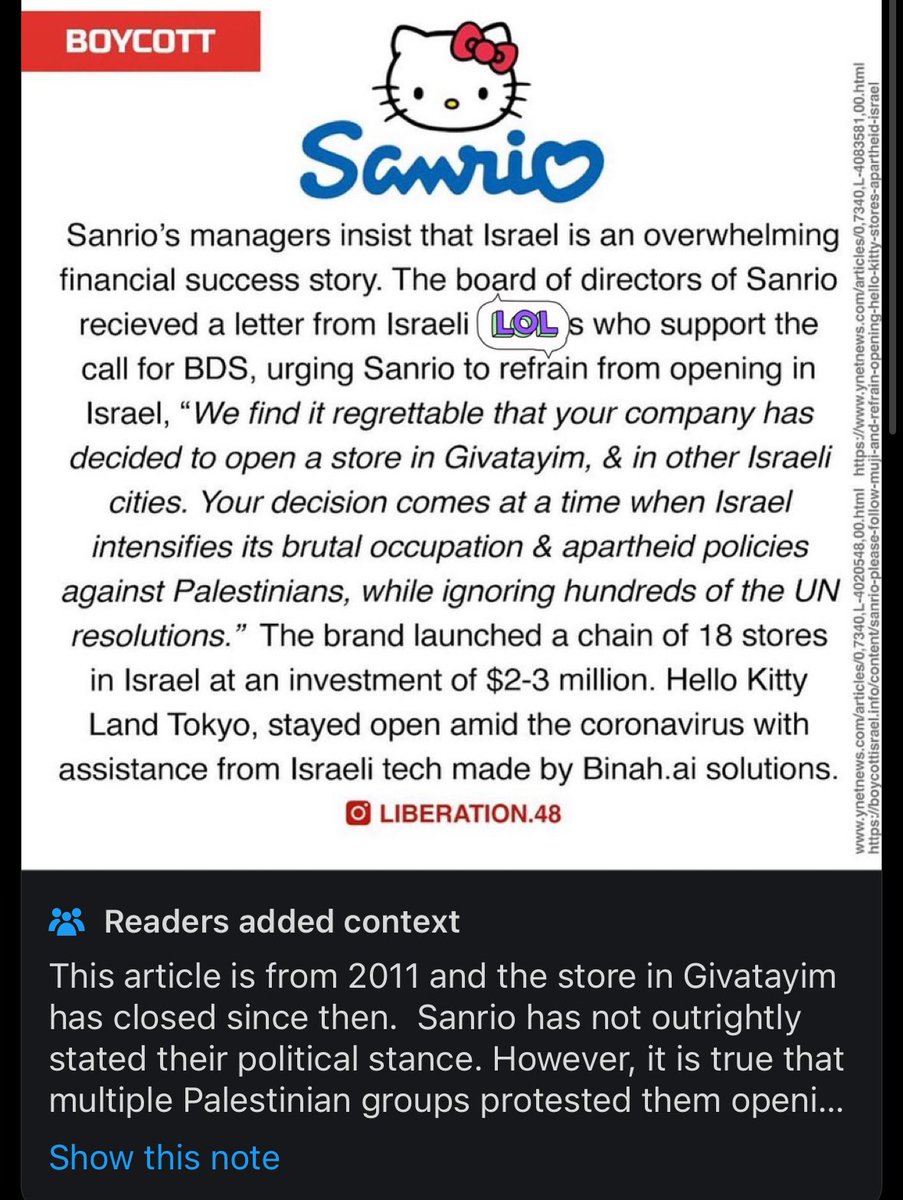 เป็นข่าวปี 2011 ของ ceo เก่า ไม่เกี่ยวกับ genocide แม้สงครามจะมีมายาวนาน แต่คนละประเด็น ปีที่แล้วเขาเฉลยกันแล้วว่าจงใจขุด ปั่น โจมตีแบรนด์

Sanrio เลิกลงทุนใน israel มานานแล้วตั้งแต่ incident เมื่อสิบปีก่อนนั้น