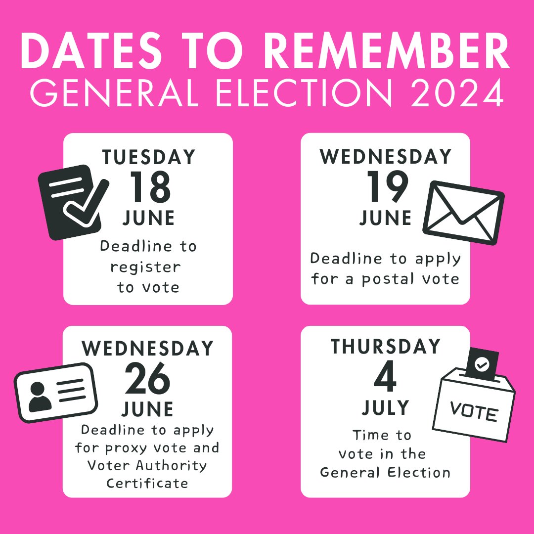 There's a lot to remember this General Election but don't worry, we've got you covered! 

Here are the key dates you need to know to make sure you can #HaveYourSay on 4 July.

#StHBVotes #YourVoteMatters #YourVoiceYourVote #RegisterToVote