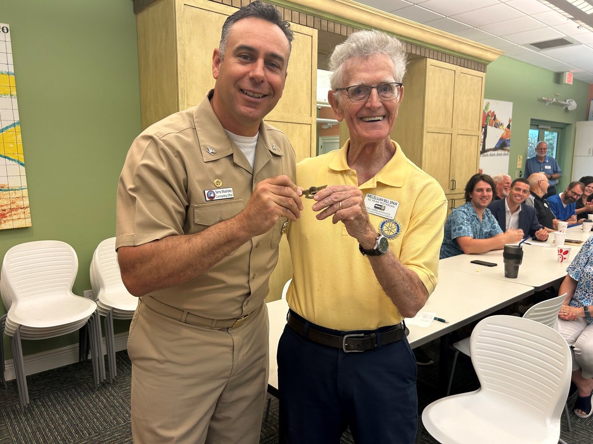 NAS Pensacola CO Capt. Terry Shashaty presents a Wings of Gold replica to Cordova Rotary member G. William Spain May 30 during their meeting at the Gulf Coast Kid's House in Pensacola, Florida. #CNRSE #NASP #cordovarotary #CityofPensacola #pensacolachamber