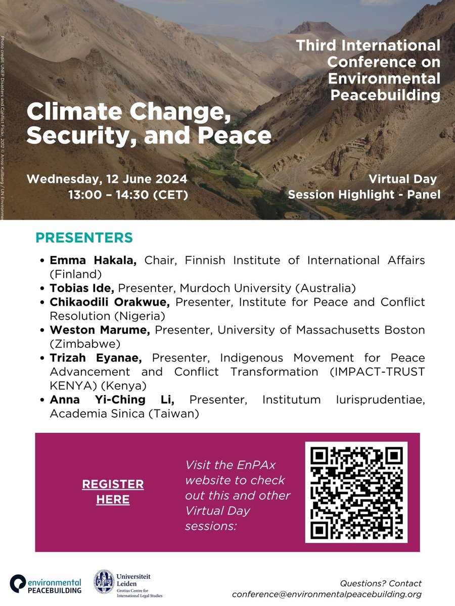 Join us for “Climate Change, Security, and Peace” on June 12th at 1PM CET. The panel is a part of the third session of the virtual day of the Third International Conference on Environmental Peacebuilding. For more information scan the QR code below.
