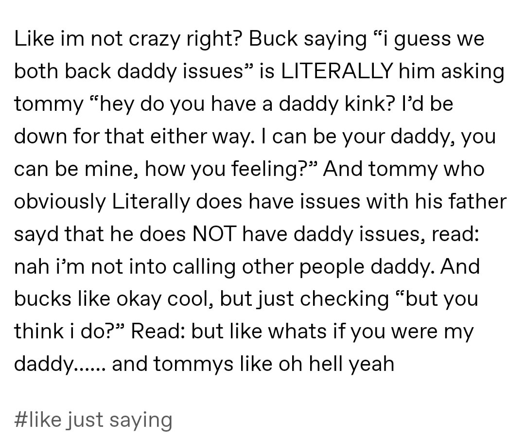 Found this on Tumblr, since y'all need it to be spelled out. 
Cut out the user's name cause I don't want to send them a flock of haters! 
#911onABC #tevan #bucktommy