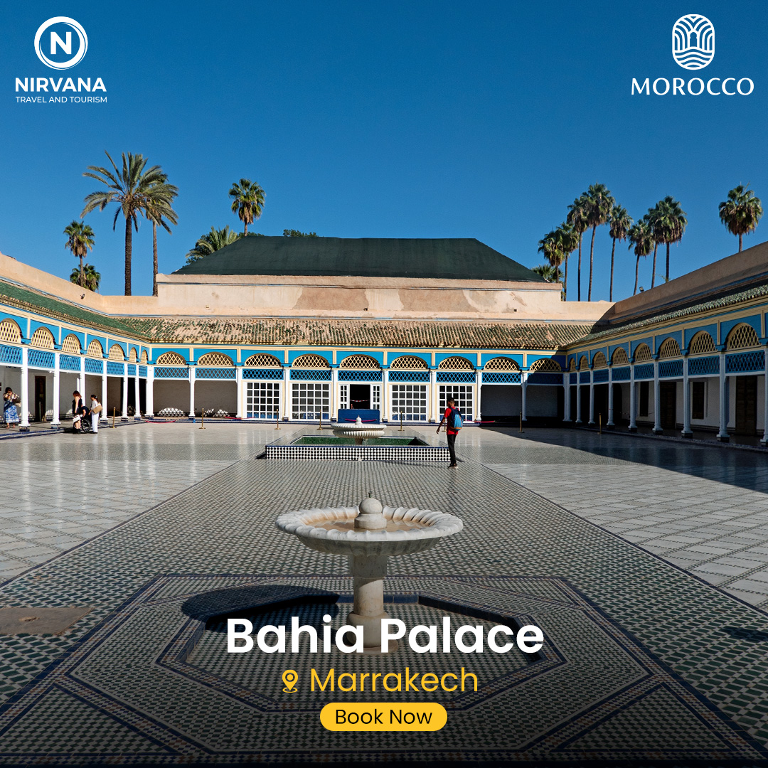 The Bahia Palace in Marrakech, built in the late 19th century, epitomizes Moroccan elegance with its intricate tile work, ornate ceilings, and lush gardens. It stands as a masterpiece of Islamic and Moroccan architectural fusion.

#Nirvana #NirvanaTravelandTourism #VisitMorocco