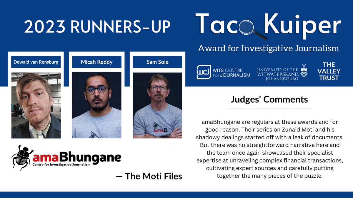Journ_SA's tweet photo. This year's #TKAwards joint runners-up are @DewaldvanRensb1, @RedMicah and @SamSoleZA of @amaBhungane for the #MotiFiles, and @aron_hyman, Tankiso Makhetha and @GraemeHosken from @TimesLIVE for "Kidnapping for Ransom". Congratulations! 👏 https://t.co/gIyJQZxTNI