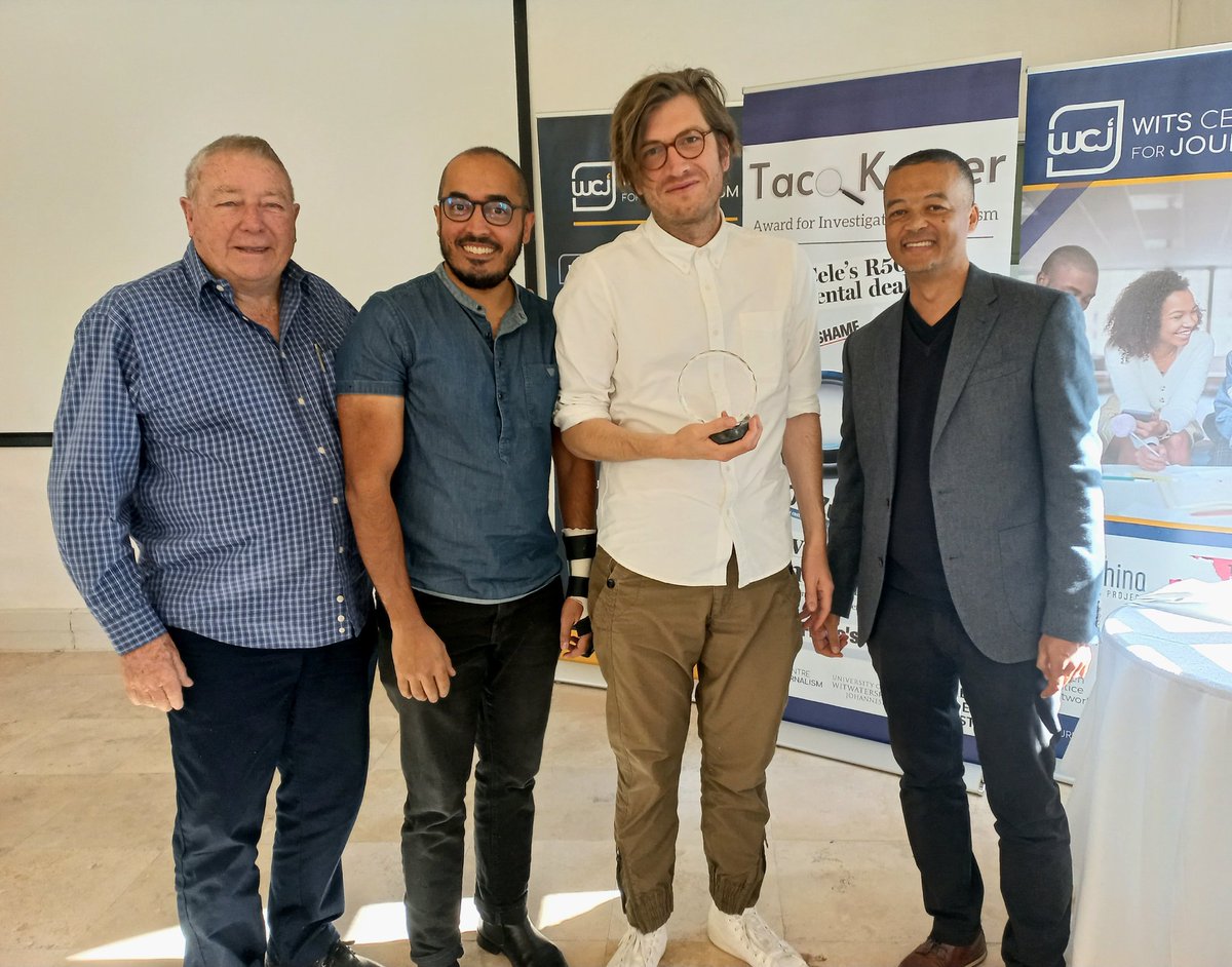 Journ_SA's tweet photo. This year's #TKAwards joint runners-up are @DewaldvanRensb1, @RedMicah and @SamSoleZA of @amaBhungane for the #MotiFiles, and @aron_hyman, Tankiso Makhetha and @GraemeHosken from @TimesLIVE for "Kidnapping for Ransom". Congratulations! 👏 https://t.co/gIyJQZxTNI