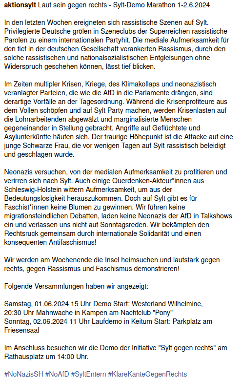 AfaNord's tweet photo. Blanker #Rassismus, Naziparolen, rassistischer Angriff auf eine 29-jährige auf #Sylt. @aktionsylt reagiert:
🏴1.6. 15:00 Wilhelmine - 16:30 Promenade - 18:00 Rathaus
🏴20:30 Kampen Mahnwache Nachtclub Pony
🏴2.6. 11:00 Keitum Parkplatz Friesensaal
#NoNazis #SyltEntern #NoAfD https://t.co/pGIzw0magh